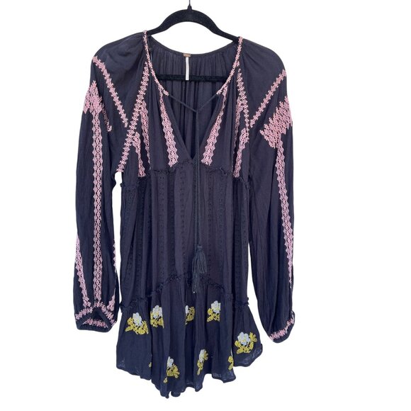 Free People Black Boho Embroidered Tunic Mini Dress Long Sleeve Size L - Picture 9 of 13